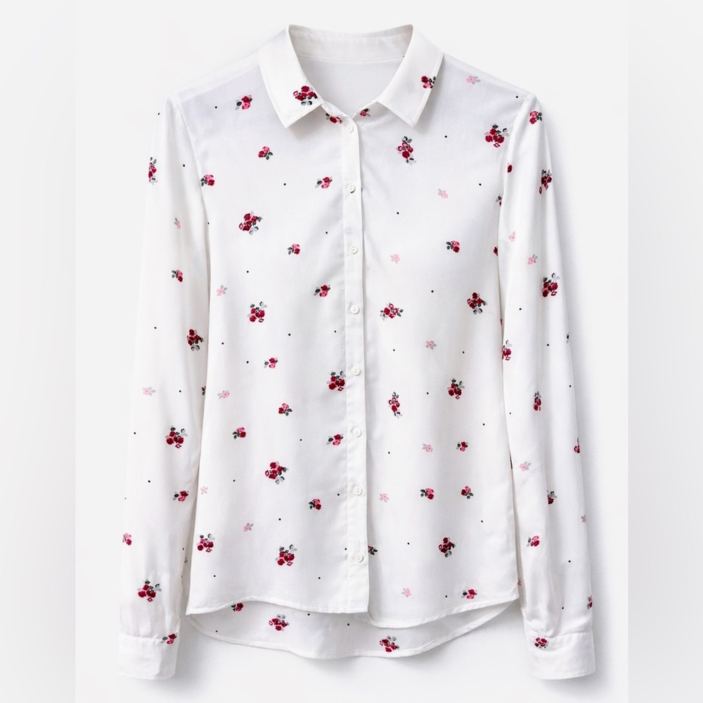 Reserved White Floral Button Down Blouse Rose Print Soft Romantic M
